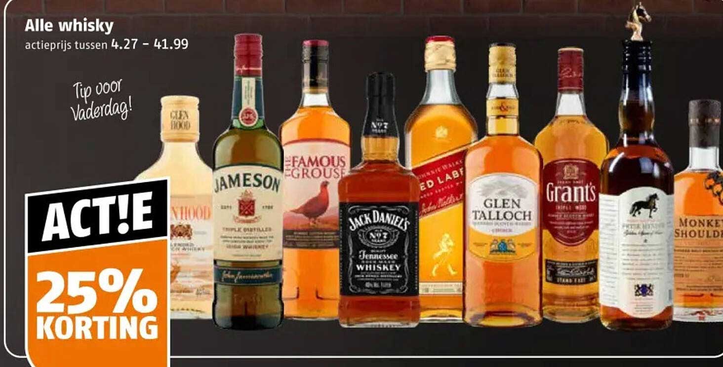 Alle whisky 25% korting