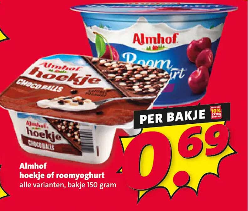 Almhof hoekje of roomyoghurt alle varianten, bakje 150 gram PER BAKJE