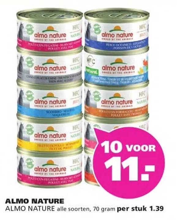 ALMO NATURE alle soorten, 70 gram per stuk 10 voor 11,-