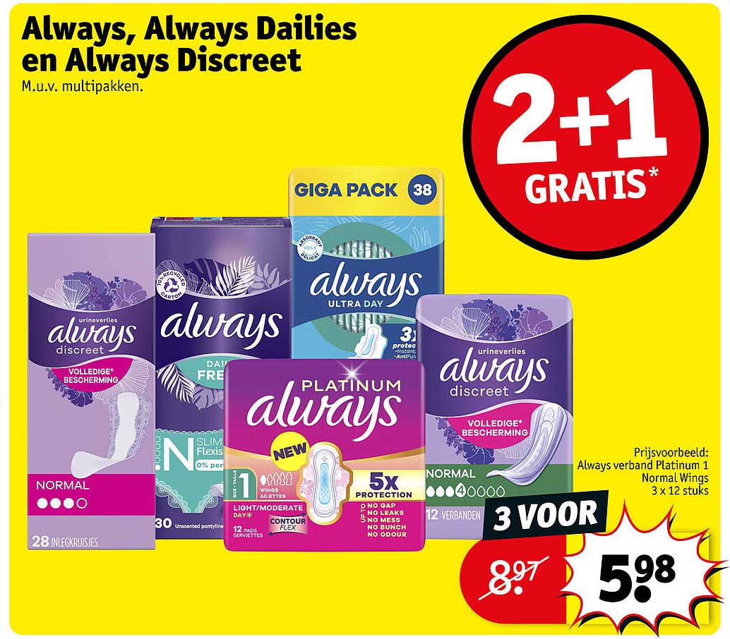 Always, Always Dailies en Always Discreet 2+1 gratis
