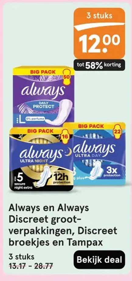 Always en Always Discreet groot-verpakkingen, Discreet broekjes en Tampax 3 stuks tot 58% korting