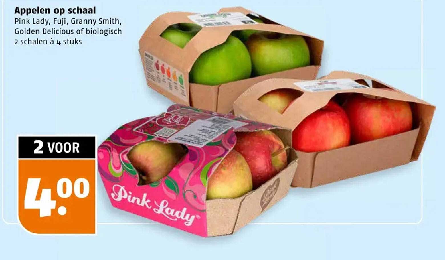 Appelen op schaal Pink Lady, Fuji, Granny Smith, Golden Delicious of biologisch 2 schalen à 4 stuks