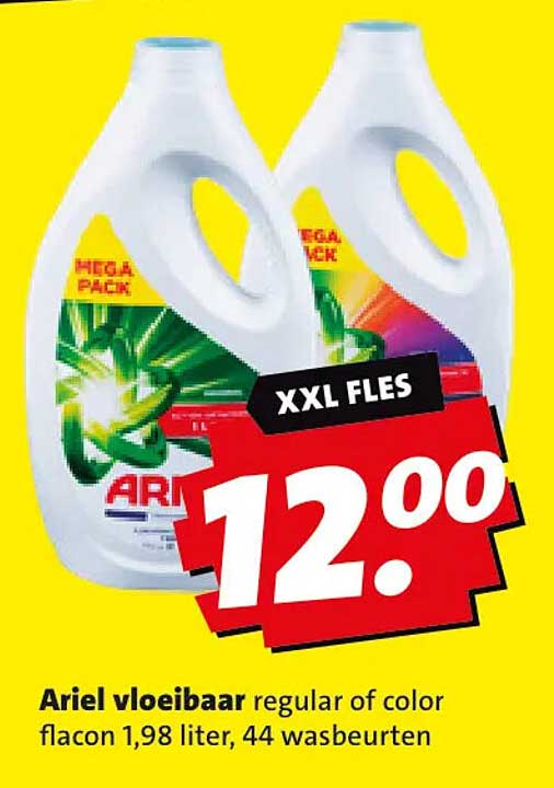 Ariel vloeibaar regular of color flacon 1,98 liter, 44 wasbeurten XXL FLES
