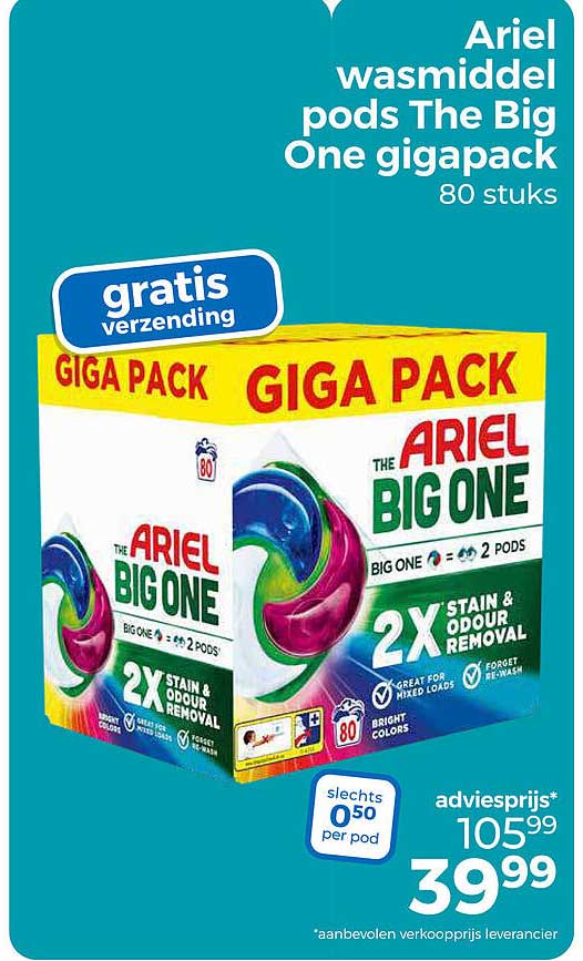 Ariel wasmiddel pods The Big One gigapack 80 stuks gratis verzending