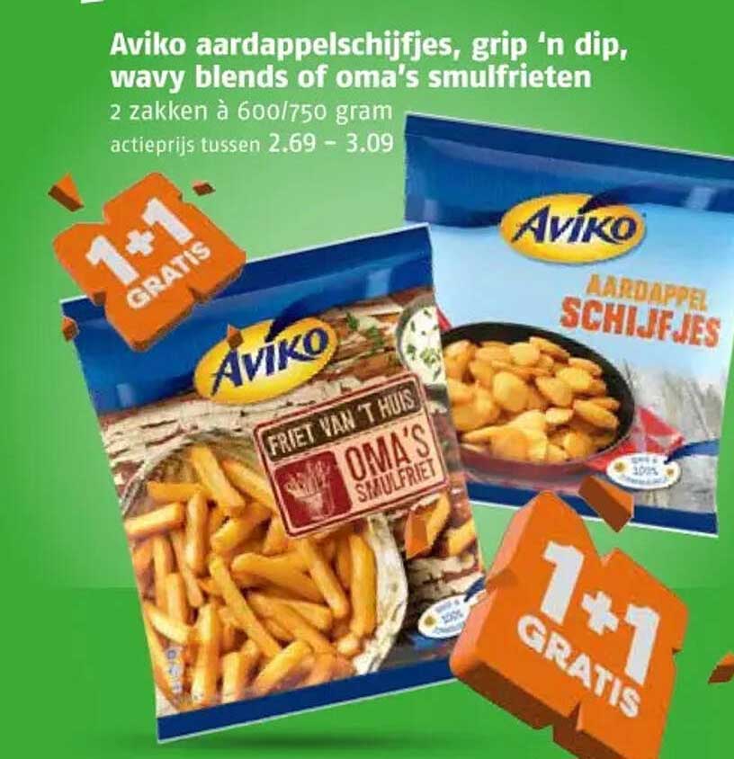 Aviko aardappelschijfjes, grip ’n dip, wavy blends of oma’s smulfriet 1+1 gratis
