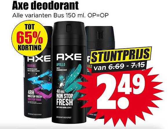 Axe deodorant Alle varianten Bus 150 ml. OP=OP TOT 65% KORTING STUNTPRIJS