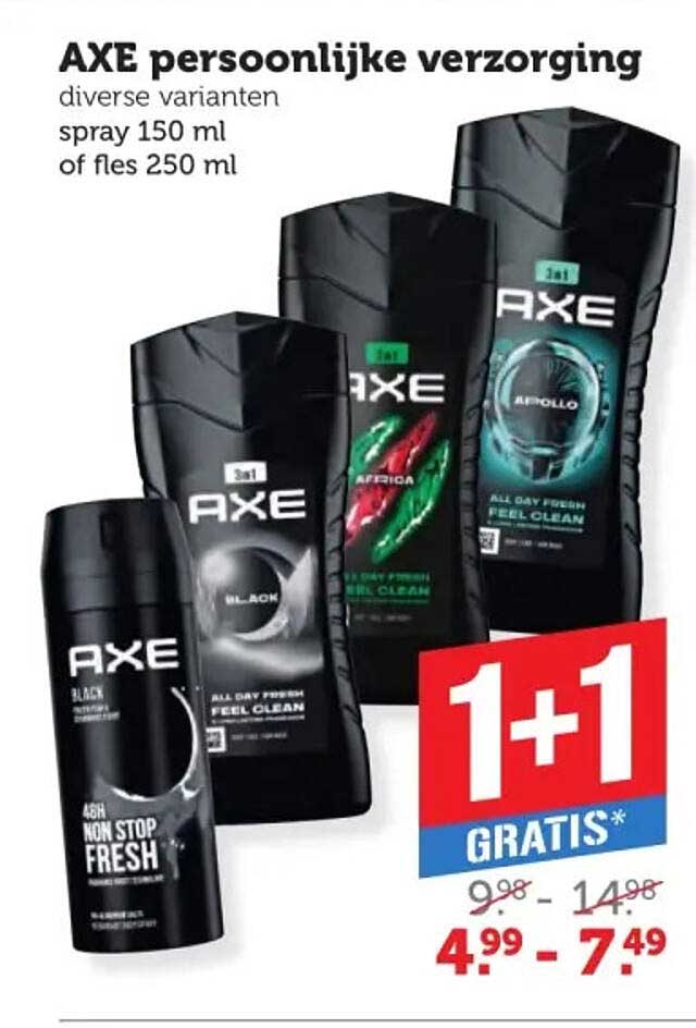 AXE persoonlijke verzorging diverse varianten spray 150 ml of fles 250 ml 1+1 gratis