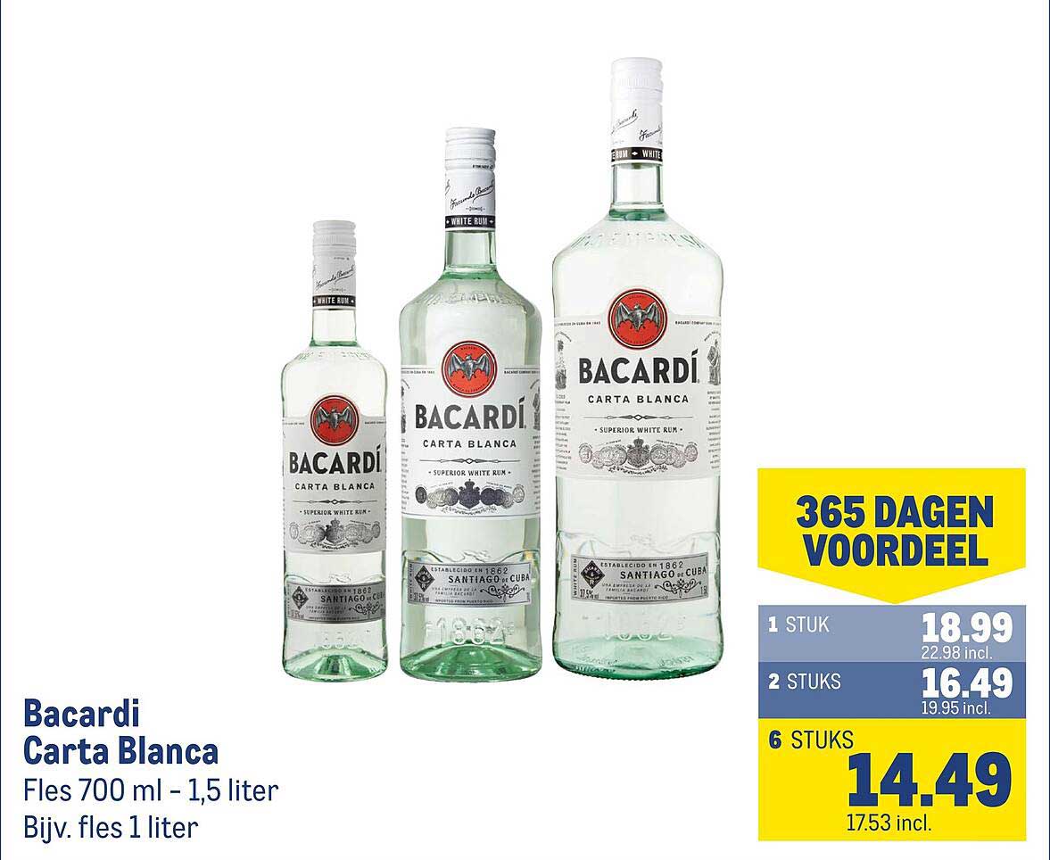 Bacardi Carta Blanca Fles 700 ml - 1,5 liter Bijv. fles 1 liter