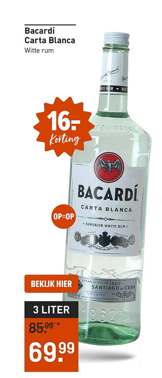 Bacardi Carta Blanca Witte rum 16,- korting