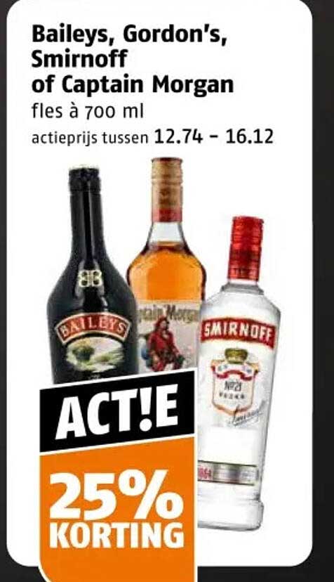 Baileys, Gordon's, Smirnoff of Captain Morgan fles à 700 ml ACT!E 25% KORTING