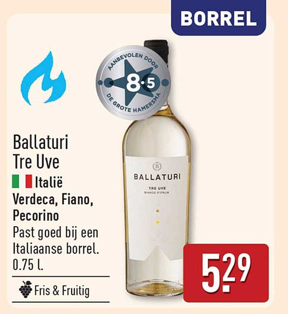 Ballaturi Tre Uve Italië Verdeca, Fiano, Pecorino Past goed bij een Italiaanse borrel. 0.75 l.