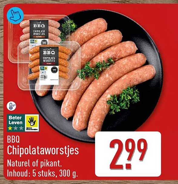 BBQ Chipolataworstjes Naturel of pikant. Inhoud: 5 stuks, 300 g.