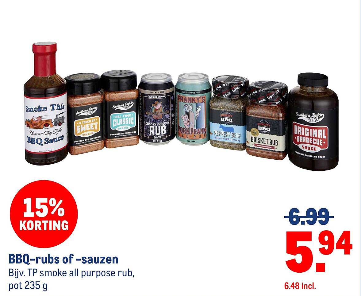BBQ-rubs of -sauzen Bijv. TP smoke all purpose rub, pot 235 g