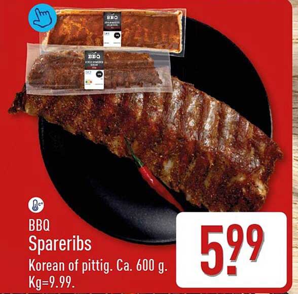 BBQ Spareribs Korean of pittig. Ca. 600 g. Kg=9.99.