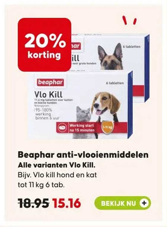 Beaphar anti-vlooienmiddelen Alle varianten Vlo Kill. Bijv. Vlo kill hond en kat tot 11 kg 6 tab. 20% korting