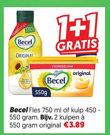 Becel Fles 750 ml of kuip 450 - 550 gram. Bijv. 2 kuipen à 550 gram original 1+1 GRATIS