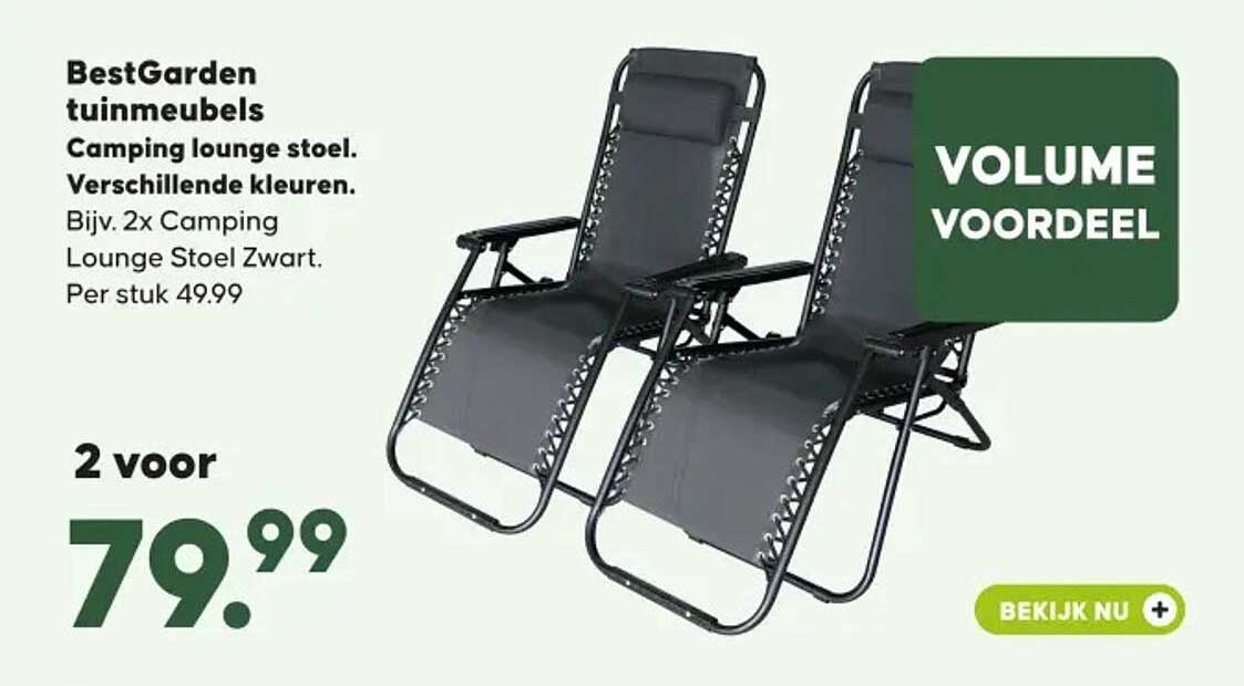 BestGarden tuinmeubels Camping lounge stoel. Verschillende kleuren. Bijv. 2x Camping Lounge Stoel Zwart. Per stuk 49.99 VOLUME VOORDEEL