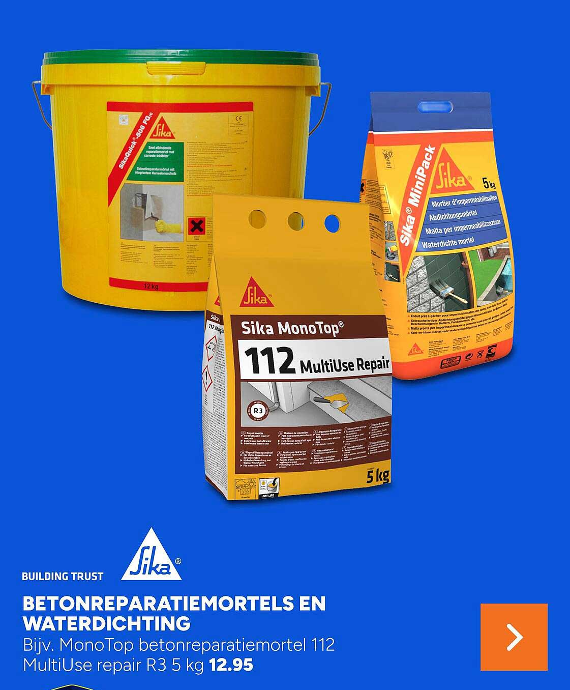 Betonreparatiemortels en waterdichting Bijv. MonoTop betonreparatiemortel 112 MultiUse repair R3 5 kg