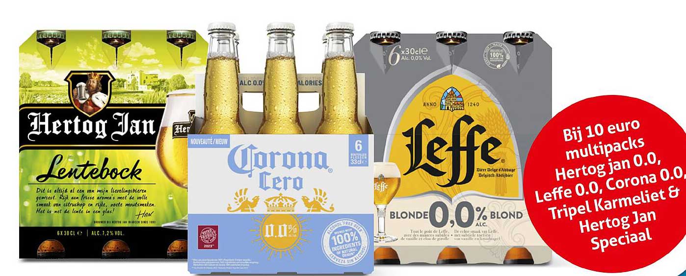 Bij 10 euro multipacks Hertog Jan 0.0, Leffe 0.0, Corona 0.0, Tripel Karmeliet & Hertog Jan Speciaal