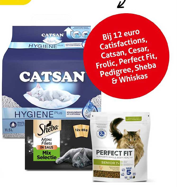Bij 12 euro Catsan, Catisfactions, Catsan, Cesar, Frolic, Perfect Fit, Pedigree, Sheba & Whiskas