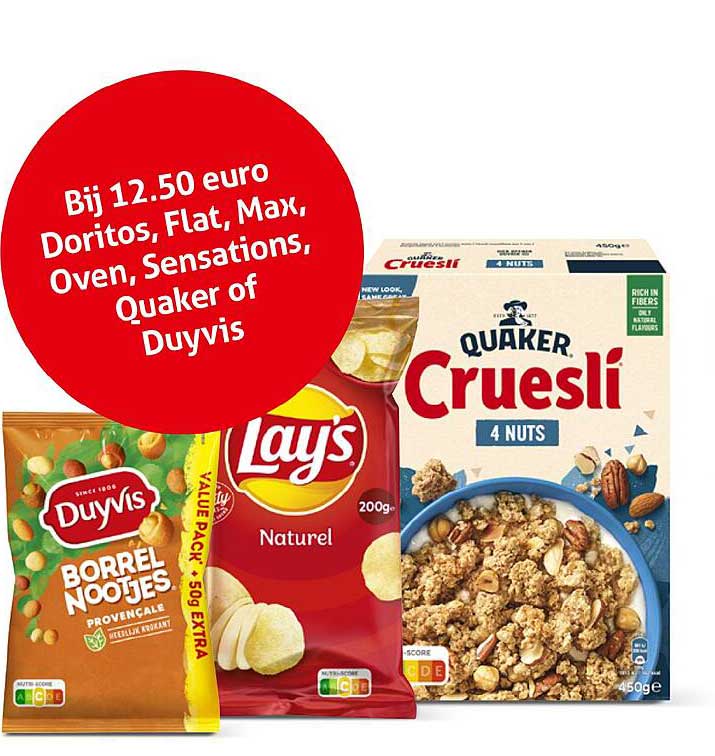 Bij 12.50 euro Doritos, Flat, Max, Oven, Sensations, Quaker of Duyvis