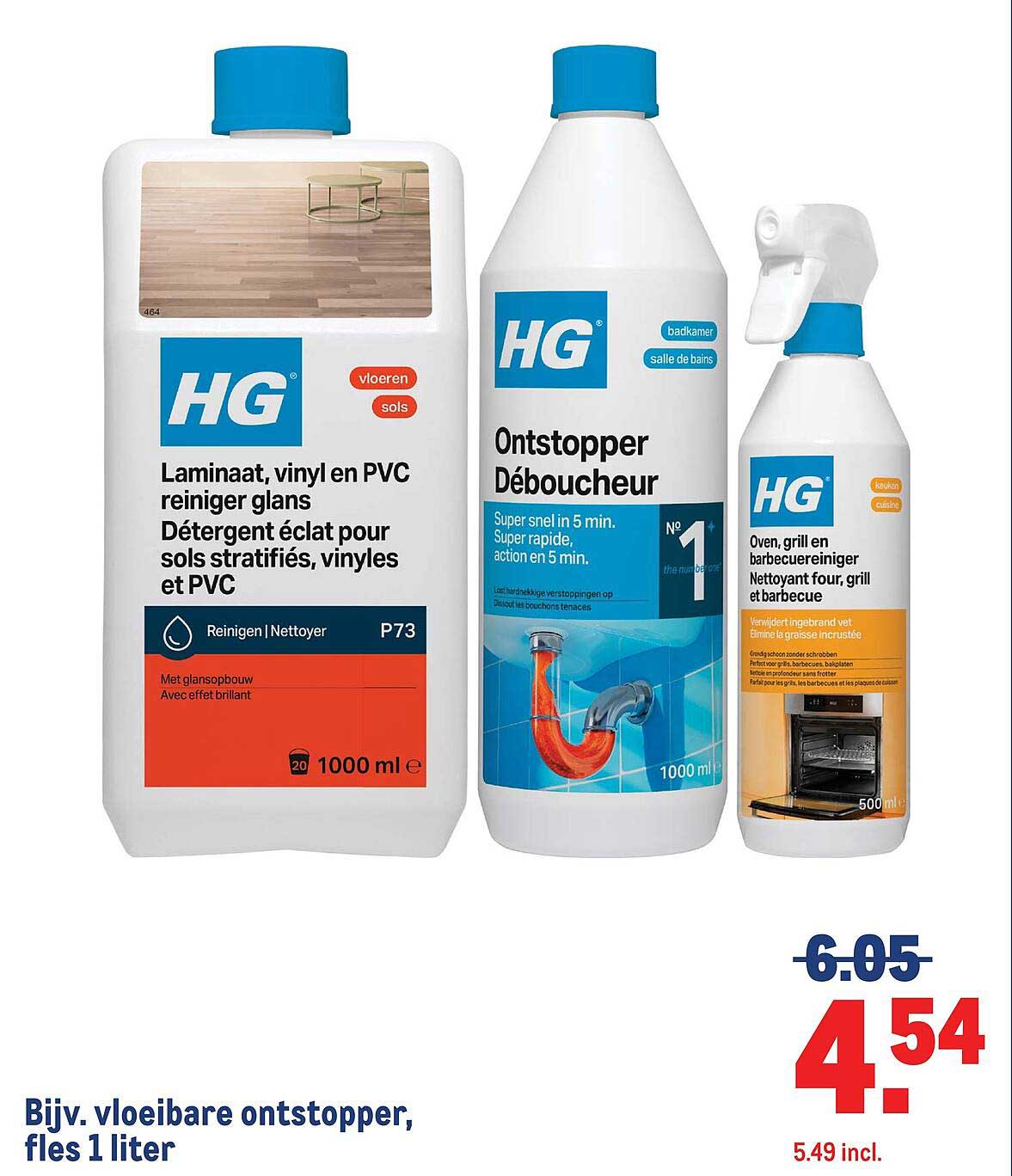 Bijv. vloeibare ontstopper, fles 1 liter