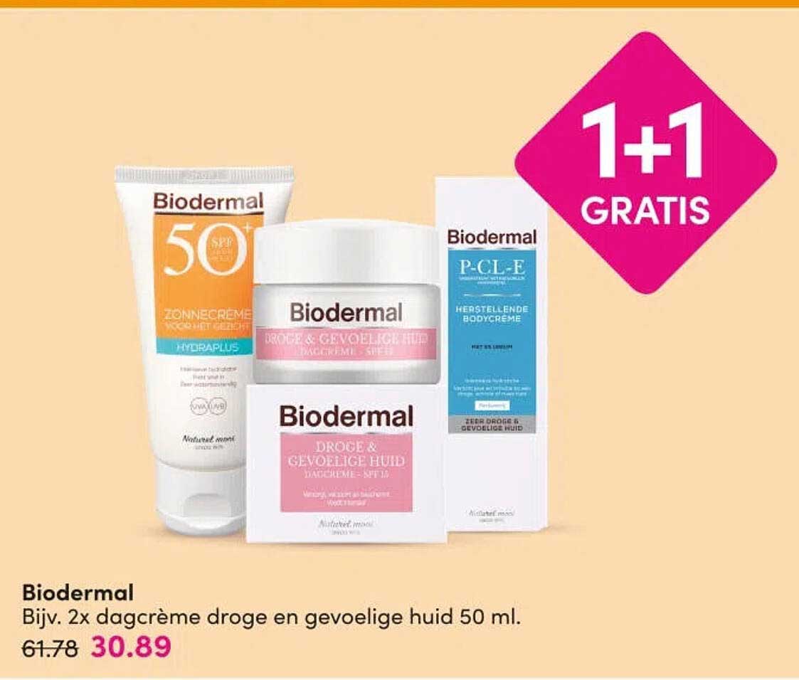 Biodermal Bijv. 2x dagcrème droge en gevoelige huid 50 ml. 1+1 GRATIS