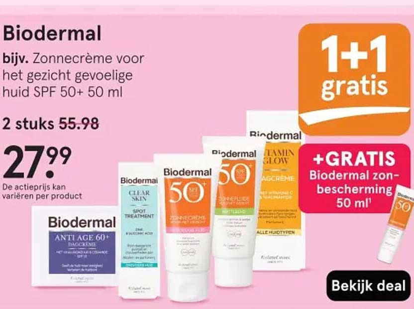Biodermal bijv. Zonnecrème voor het gezicht gevoelige huid SPF 50+ 50 ml 1+1 gratis