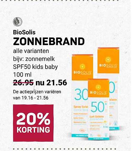 BioSolis ZONNEBRAND alle varianten bijv. zonnemelk SPF50 kids baby 100 ml 20% KORTING