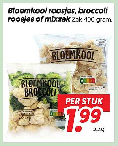 Bloemkool roosjes, broccoli roosjes of mixzak Zak 400 gram.