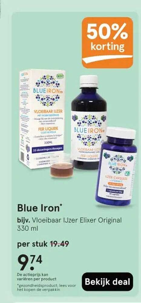 Blue Iron bijv. Vloeibaar IJzer Elixer Original 330 ml 50% korting