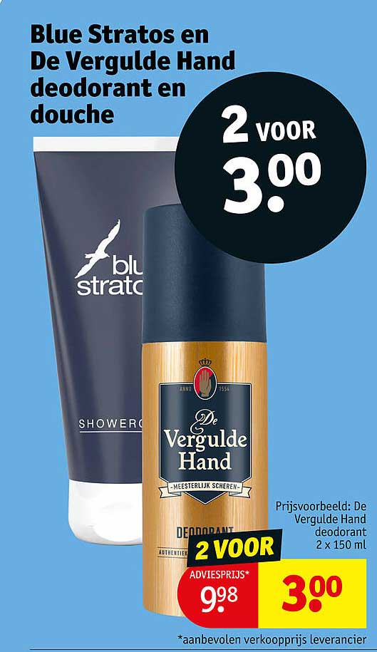 Blue Stratos en De Vergulde Hand deodorant en douche 2 voor 3.00