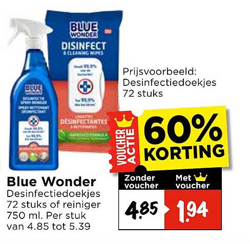 Blue Wonder Desinfectiedoekjes 72 stuks of reiniger 750 ml. Per stuk van 4.85 tot 5.39 60% KORTING