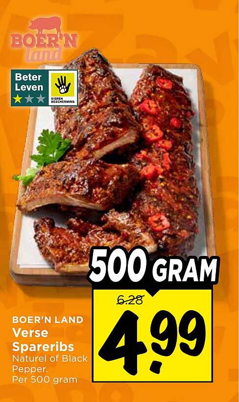 BOER'N LAND Verse Spareribs Naturel of Black Pepper. Per 500 gram