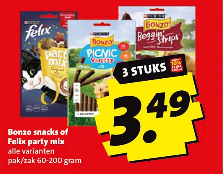 Bonzo snacks of Felix party mix alle varianten pak/zak 60-200 gram 3 stuks