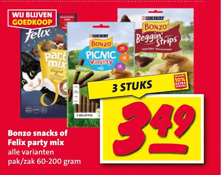 Bonzo snacks of Felix party mix alle varianten pak/zak 60-200 gram