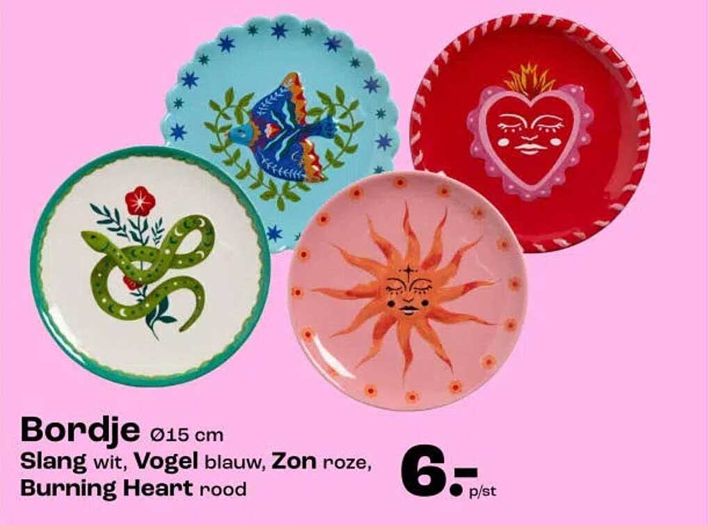 Bordje Ø15 cm Slang wit, Vogel blauw, Zon roze, Burning Heart rood
