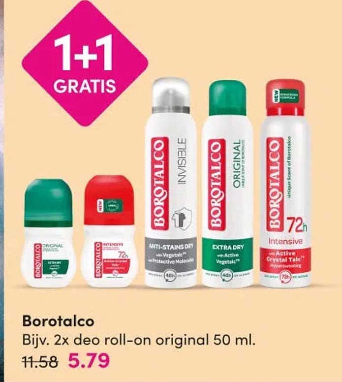 Borotalco Bijv. 2x deo roll-on original 50 ml. 1+1 gratis