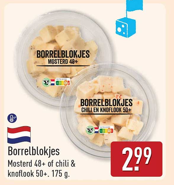 Borrelblokjes Mosterd 48+ of chili & knoflook 50+. 175 g.