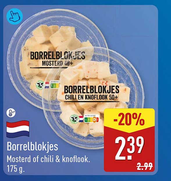 Borrelblokjes Mosterd of chili & knoflook. 175 g. -20%