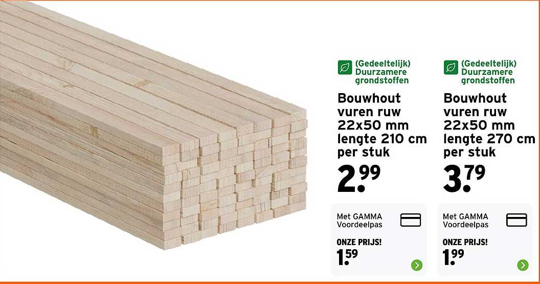 Bouwhout vuren ruw 22x50 mm lengte 210 cm per stuk