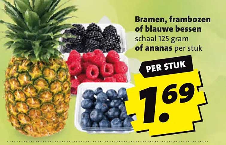 Bramen, frambozen of blauwe bessen schaal 125 gram of ananas per stuk PER STUK