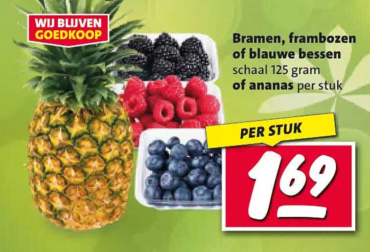 Bramen, frambozen of blauwe bessen schaal 125 gram of ananas per stuk PER STUK
