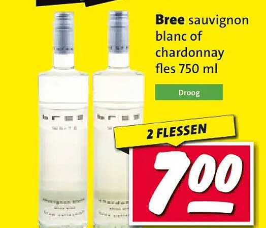 Bree sauvignon blanc of chardonnay fles 750 ml Droog 2 FLESSEN 7.00