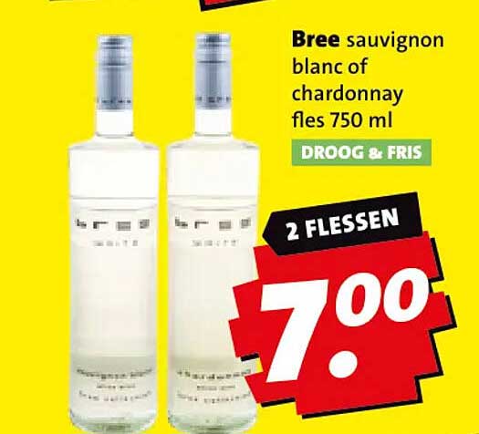 Bree sauvignon blanc of chardonnay fles 750 ml DROOG & FRIS 2 FLESSEN