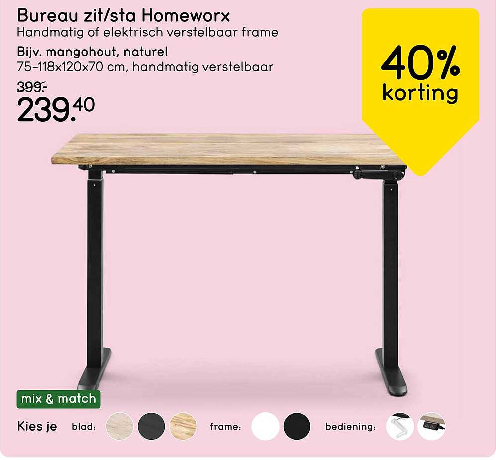 Bureau zit/sta Homeworx Handmatig of elektrisch verstelbaar frame Bijv. mangohout, naturel 75-118x120x70 cm, handmatig verstelbaar 40% korting
