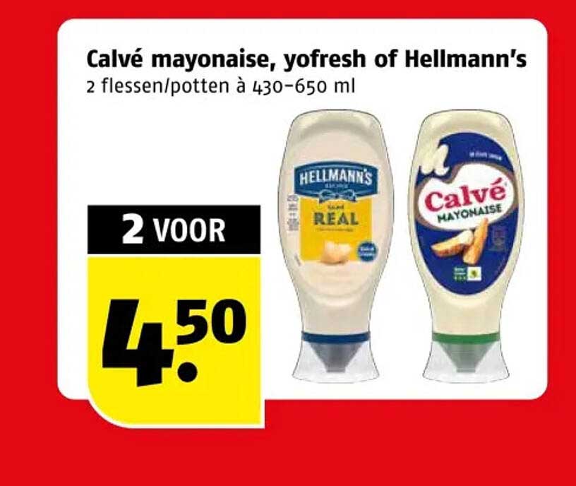 Calvé mayonaise, yofresh of Hellmann’s 2 flessen/potten à 430-650 ml 2 voor 4,50