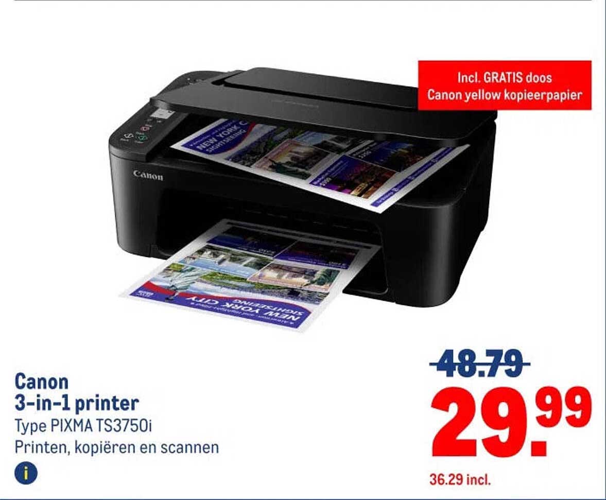 Canon 3-in-1 printer Type PIXMA TS3750i Printen, kopiëren en scannen Incl. GRATIS doos Canon yellow kopieerpapier