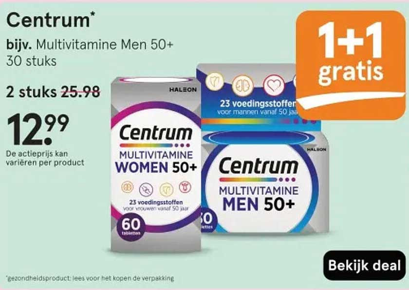 Centrum* bijv. Multivitamine Men 50+ 30 stuks 1+1 gratis
