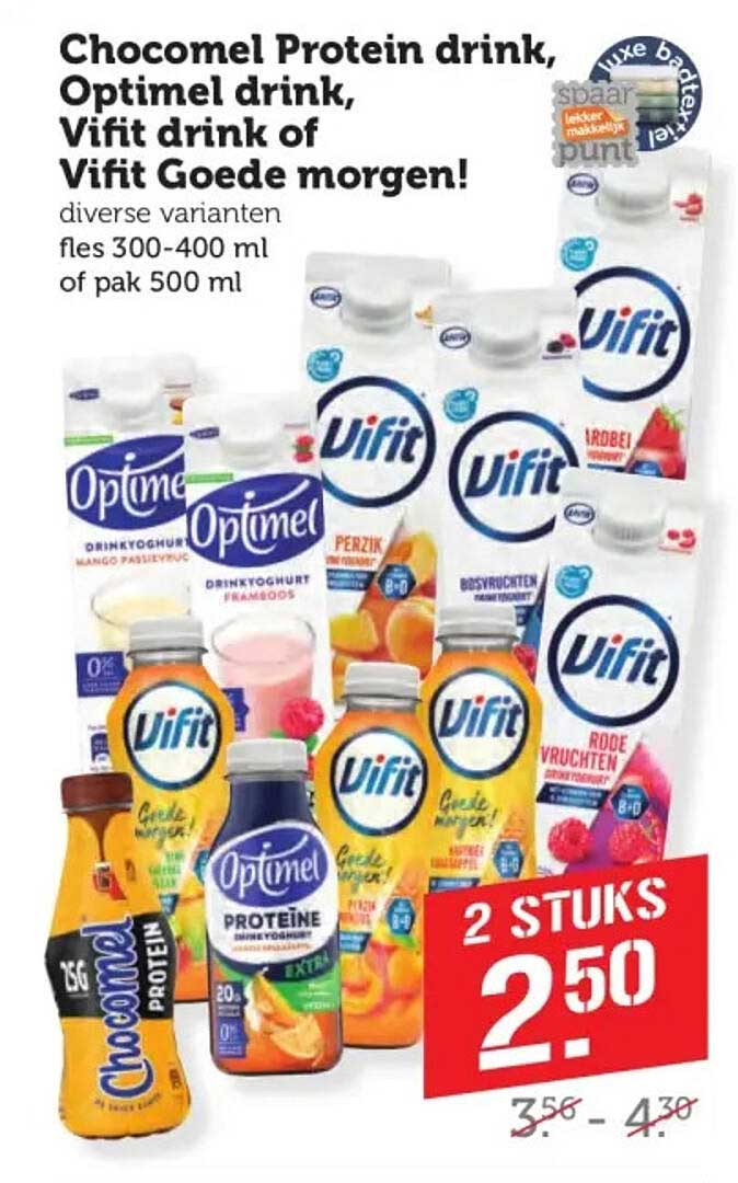 Chocomel Protein drink, Optimel drink, Vifit drink of Vifit Goede morgen!